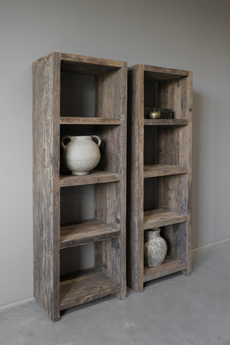 Open vakkenkast primitief oud railway hout 4 vakken 50x35x160 cm