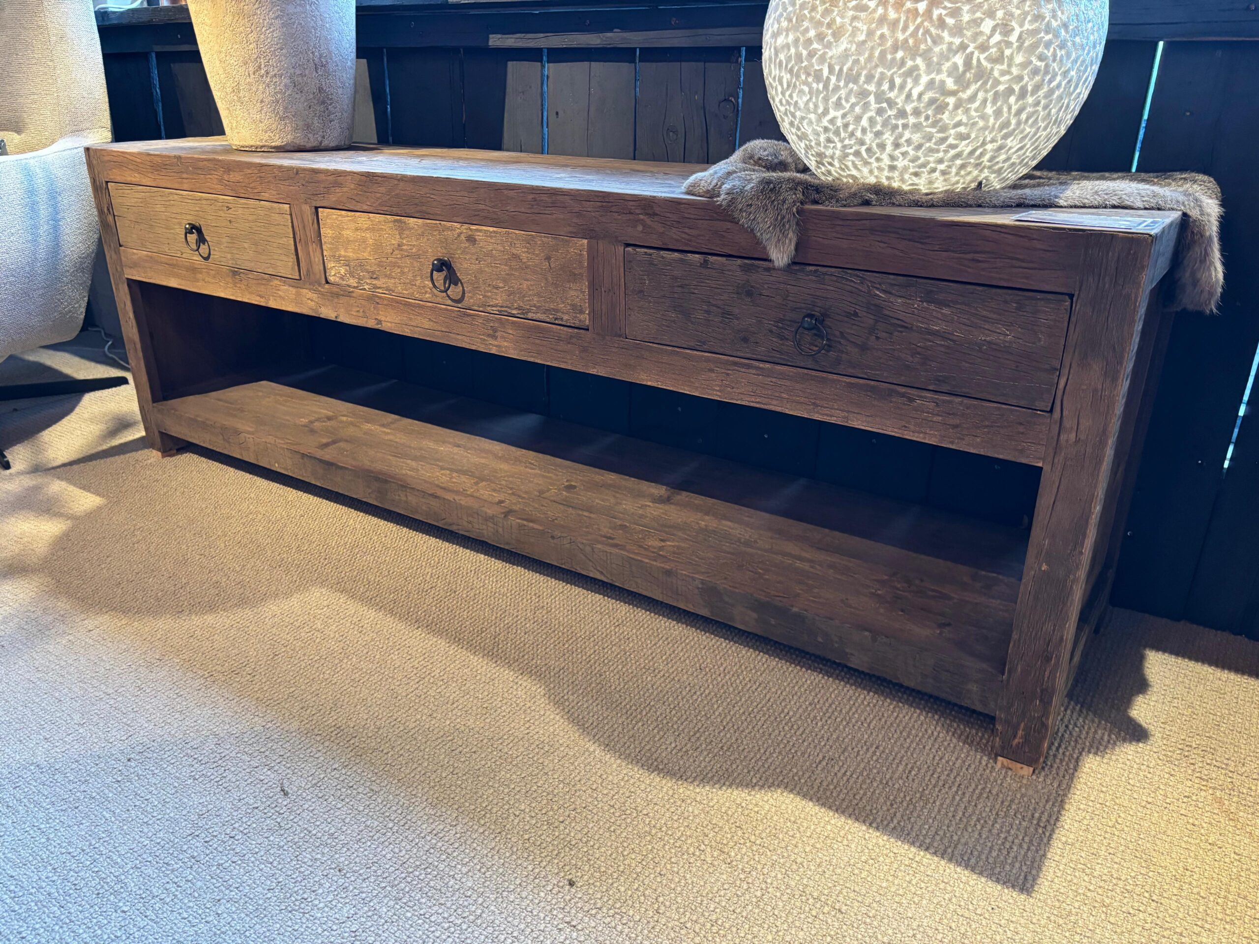 TV meubel oud railway hout 3 lades en open vak - 180 cm