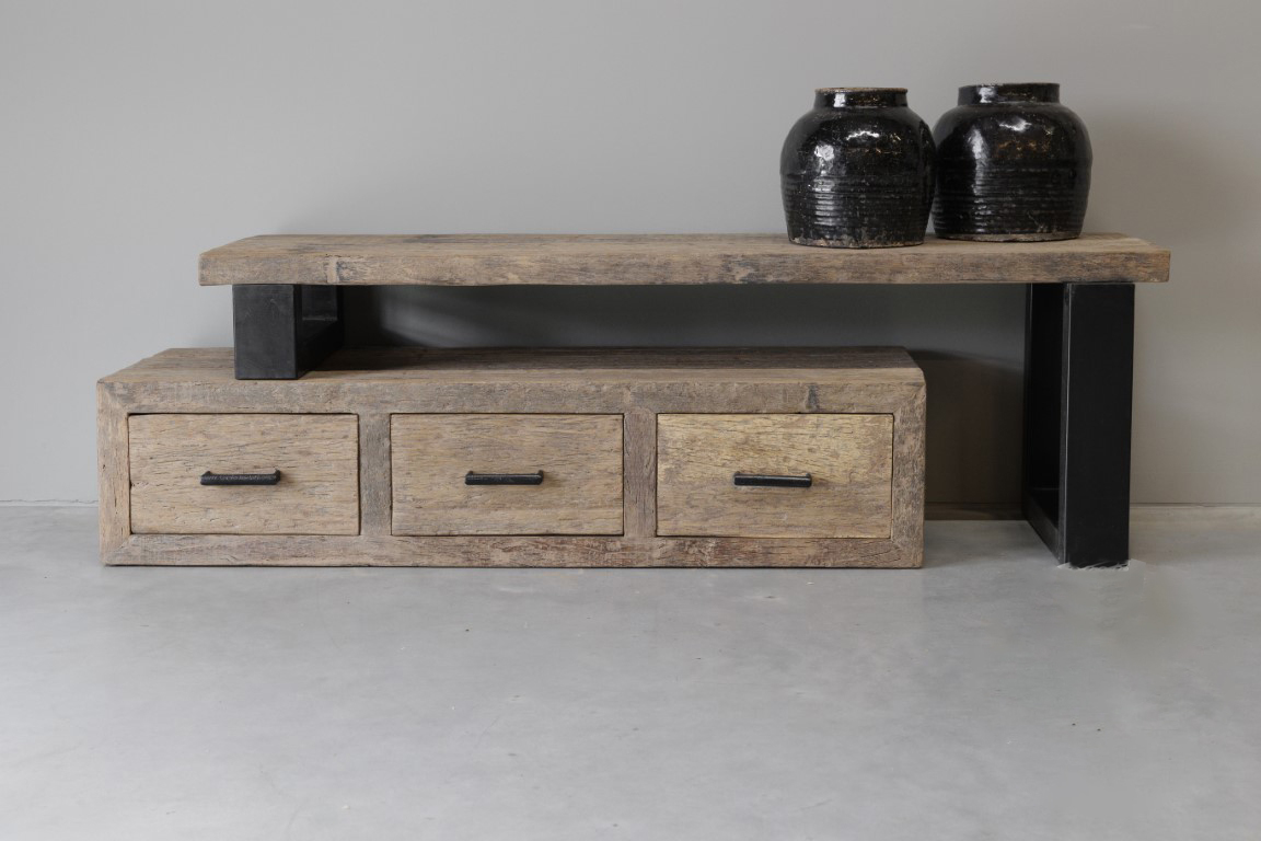 TV dressoir primitief oud railway hout - 2 delen met 3 lades - 150×40x50 cm